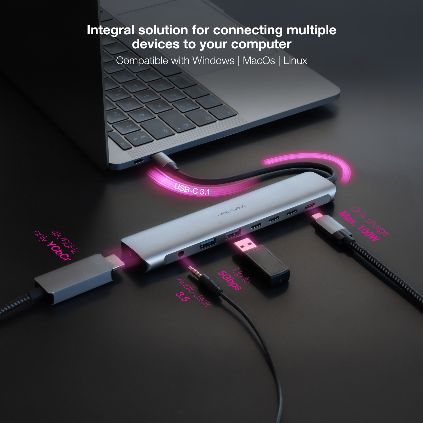 HUB USB-C 3.1 a 2x USB-A, 2x USB-C, USB-C PD3.0 100W, HDMI, AUDIO, 0.18m - Imagen 3