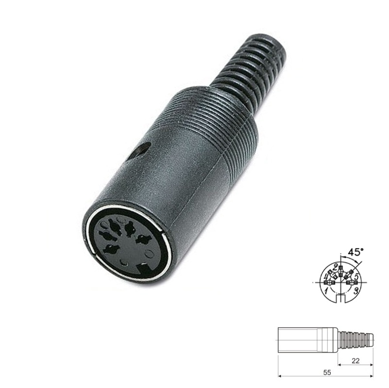 CONECTOR DIN 5P HEMBRA 45º (180º) AÉREO RECTO