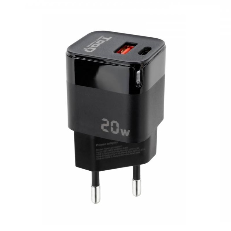 CARGADOR PARED USB-C PD + USB-A QC 20W NEGRO