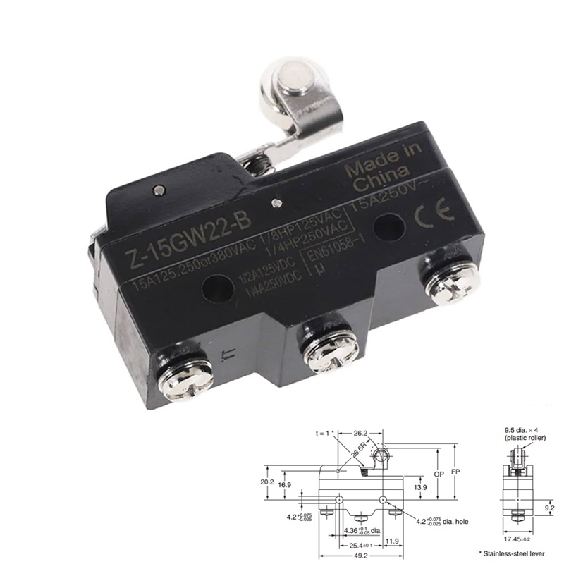 MICRO INTERRUPTOR COM+1NO+1NC 15A/250VAC PALANCA CORTA Y ROLDANA