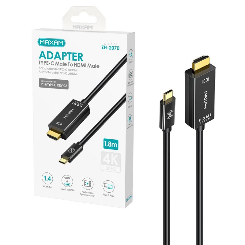 CABLE USB-C a HDMI 4K 30Hz MAXAM 1.4V NEGRO 1.8m