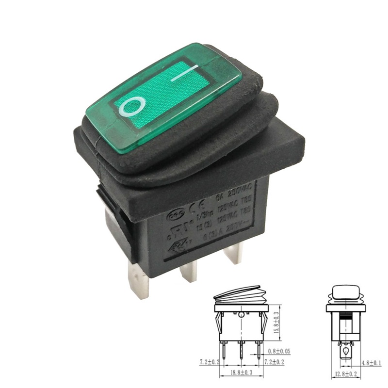 INTERRUPTOR ESTANCO RECTANGULAR ON-OFF 6A/250V LUZ VERDE PANEL
