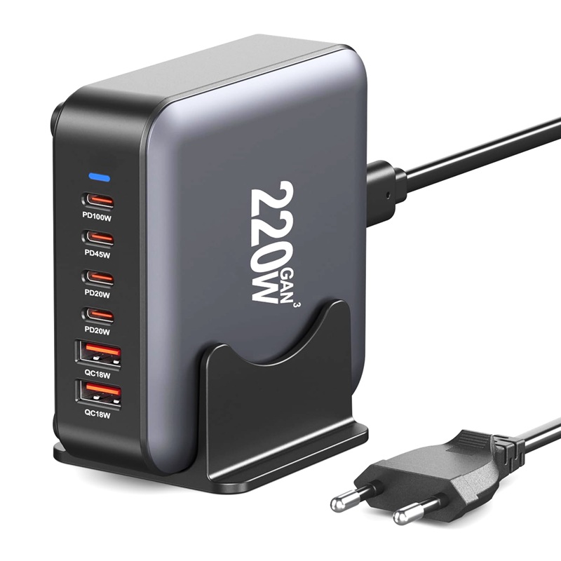 CARGADOR USB GAN3 220W 6P (2x USB-A + 4x USB-C) QC+ PD NEGRO/GRIS
