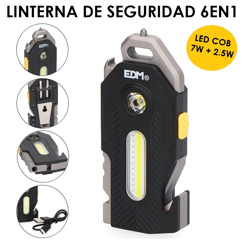 LINTERNA DE SEGURIDAD 6en1 RECARGABLE LED COB 400Lm 7W+2.5W