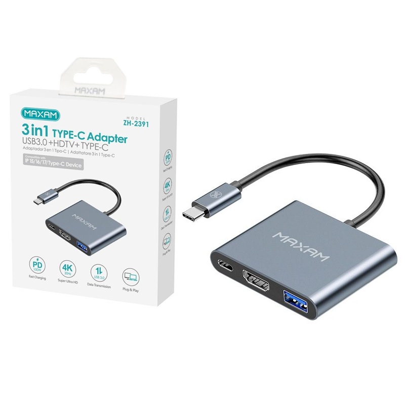 ADAPTADOR USB-C 3en1 HDMI 4K, USB-C PD 100W, USB 3.0, ALUMINIO