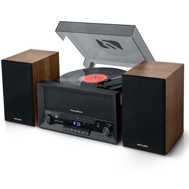 SISTEMA CD, TOCADISCOS, RADIO FM, ALTAVOCES MUSE MT-112W VINTAGE BT, USB, RCA, NEGRO