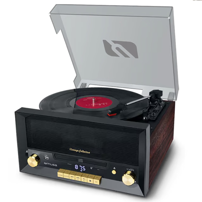 SISTEMA CD, TOCADISCOS, RADIO FM MUSE MT-112W VINTAGE BT, USB, RCA, NEGRO
