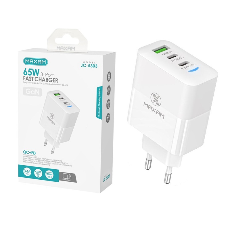 CARGADOR PARED GaN USB-C x2 PD+QC 65W USB-A BLANCO
