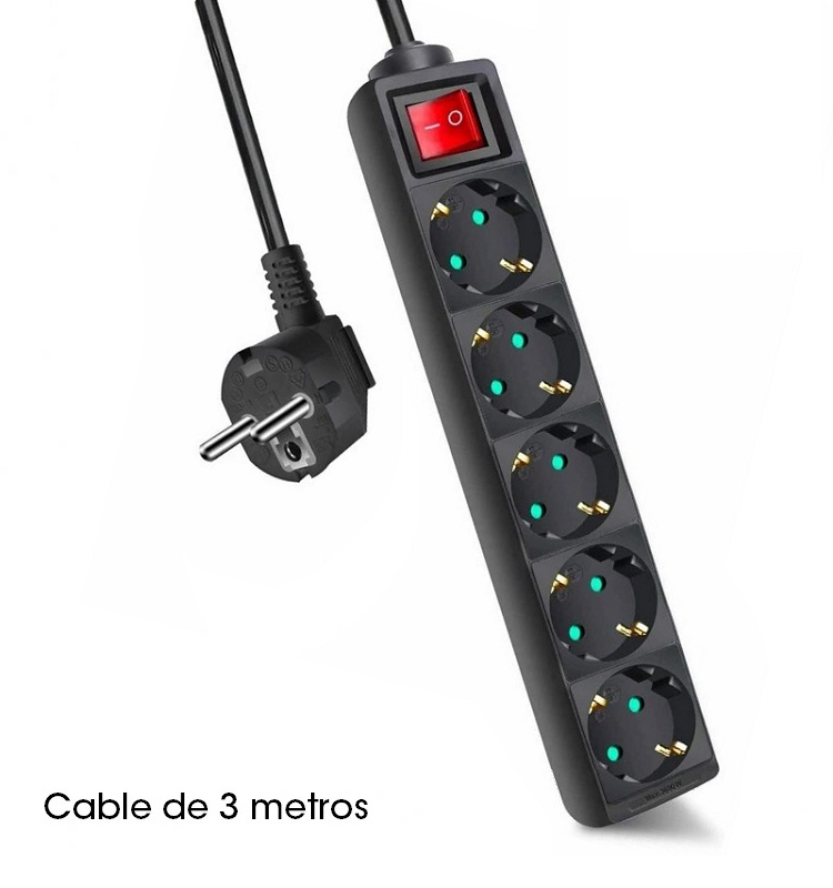 REGLETA ELÉCTRICA 5 SALIDAS SCHUKO + INTERRUPTOR, NEGRO, 3m