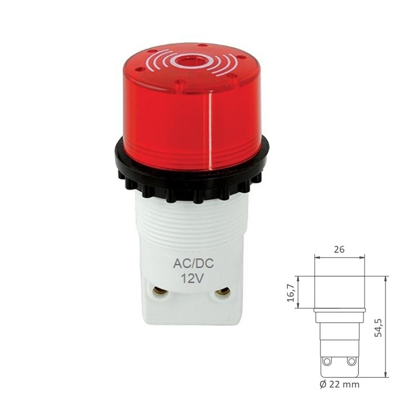PILOTO LED INTERMITENTE CON ZUMBADOR 12V AC/DC Ø22mm ROJO