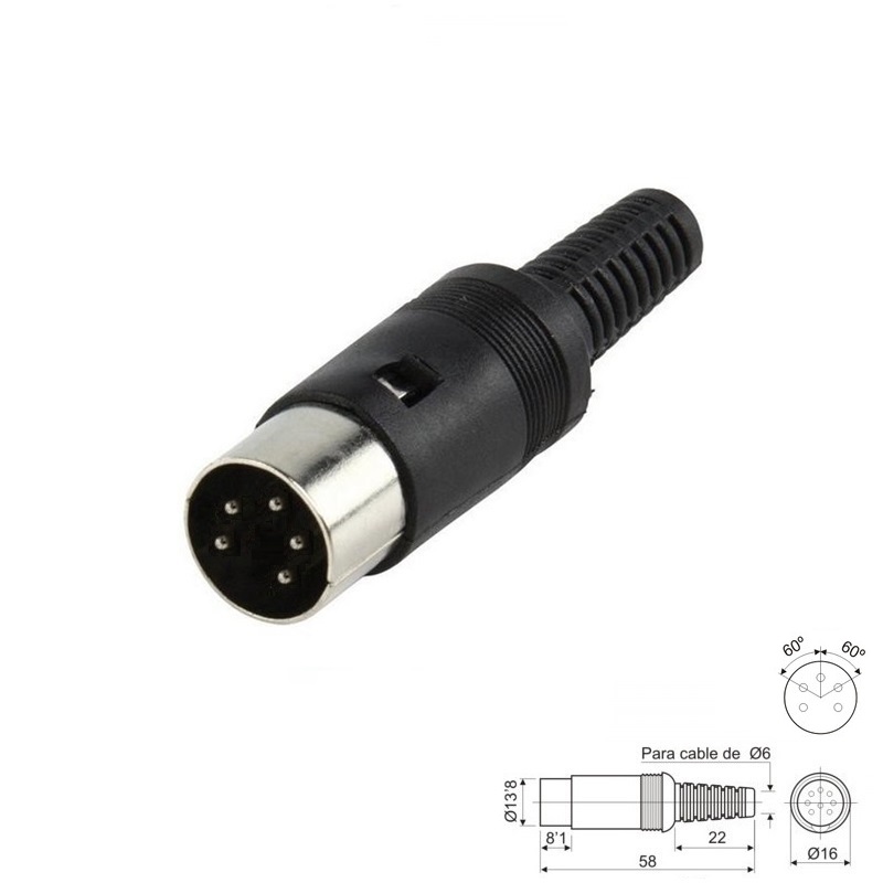 CONECTOR DIN 5P MACHO 60º (240º) AÉREO RECTO
