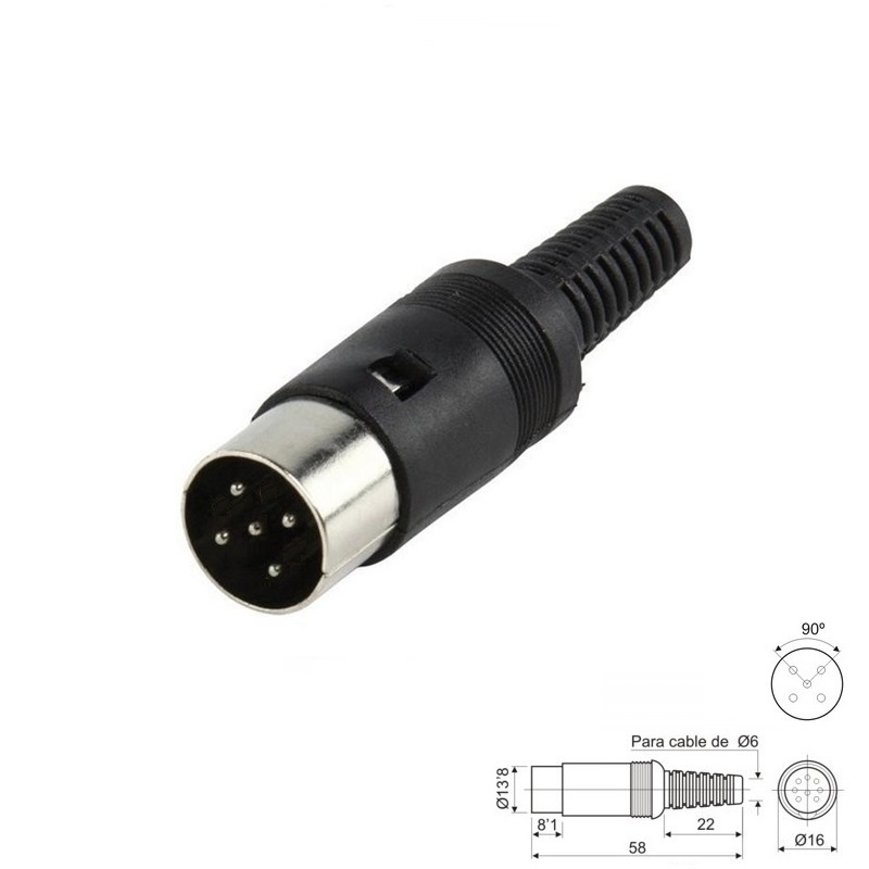 CONECTOR DIN 5P MACHO 90º (360º) AÉREO RECTO