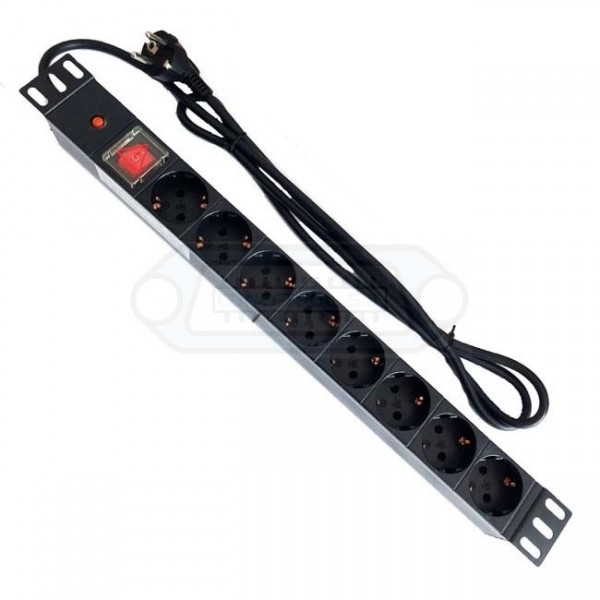 BASE ELÉCTRICA RACK 19" 1U 8 SALIDAS SCHUKO, INTERRUPTOR, DISYUNTOR