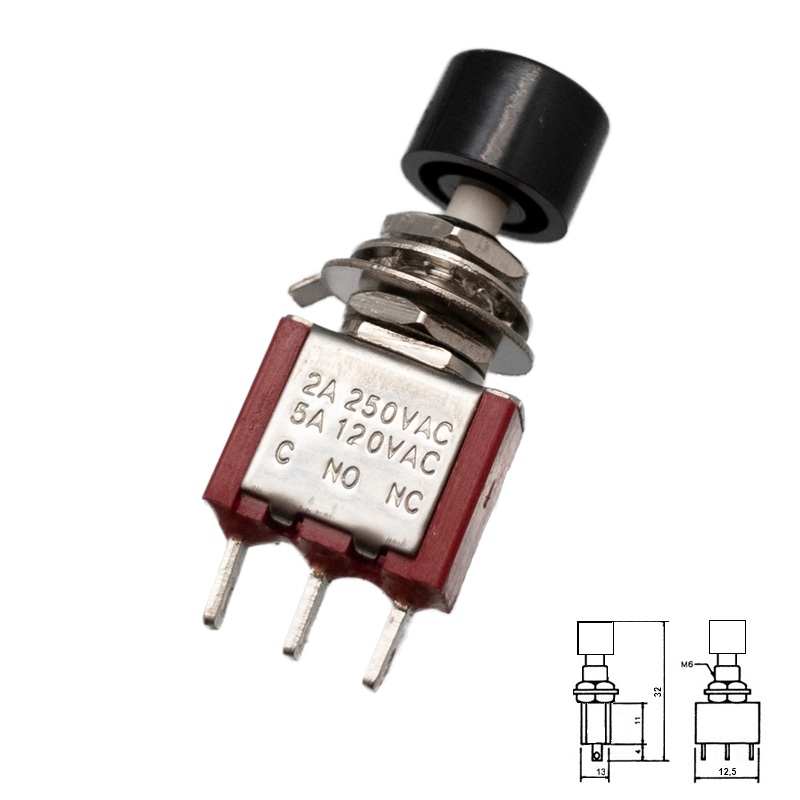 PULSADOR MINI 2P (ON-MOMENTANEO) 1Co 2A/250VAC M6 FASTON
