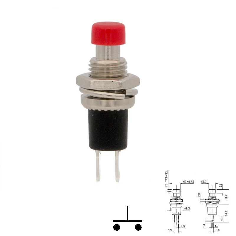 PULSADOR MINI OFF-ON ABIERTO (NO) 0.5A/250VAC M7 ROJO