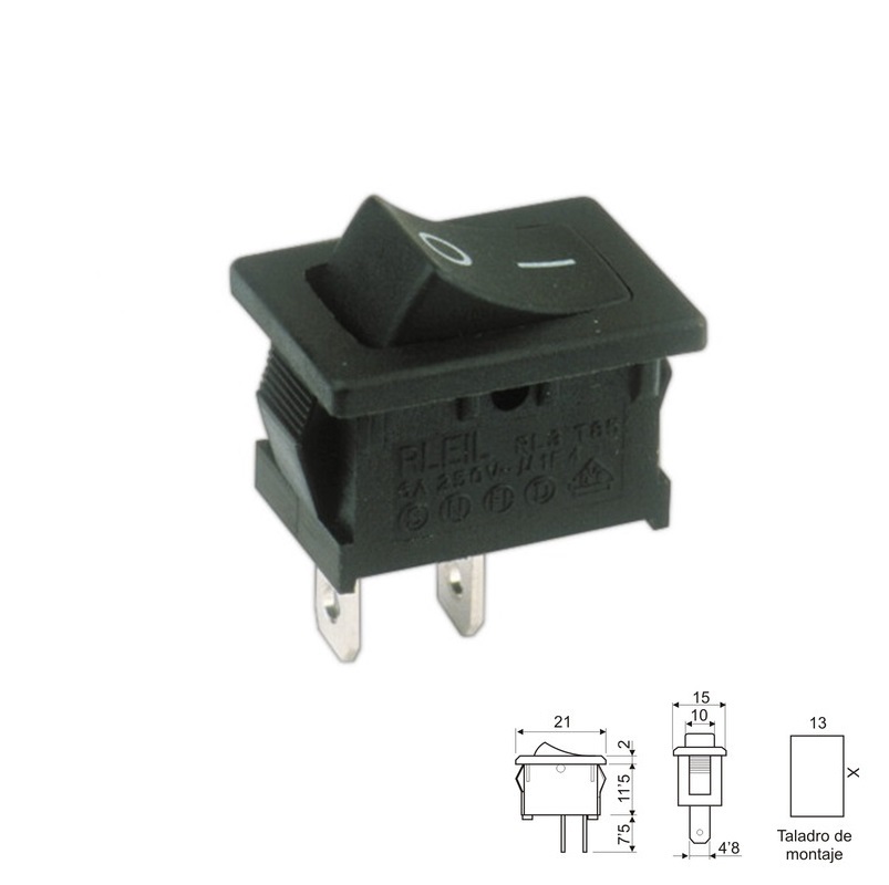 PULSADOR UNIPOLAR OFF-ON 10A 250V FASTON 4.8mm NEGRO