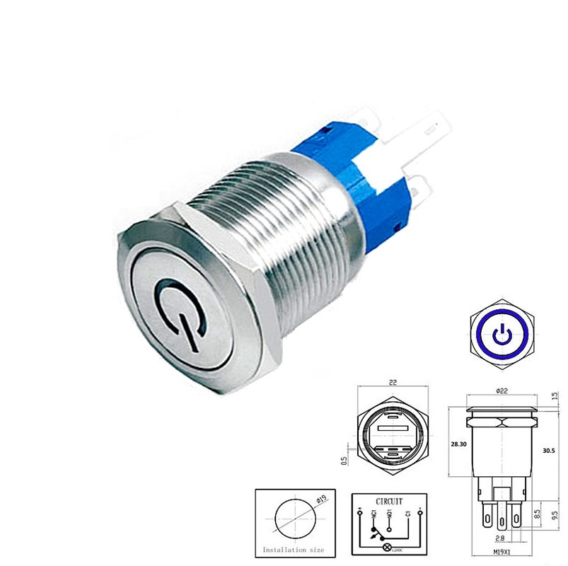 PULSADOR ANTIVANDÁLICO Ø19mm OFF-ON 12V LED AZUL