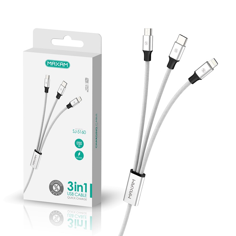 CABLE USB 3EN1 USB-C, IPHONE, MicroUSB 2A BLANCO 1.2m