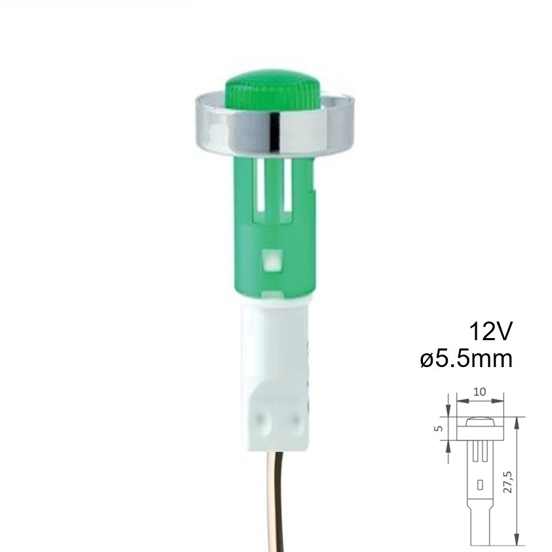 PILOTO LED 12V Ø5.5mm SERIE D-185 VERDE CON CABLE