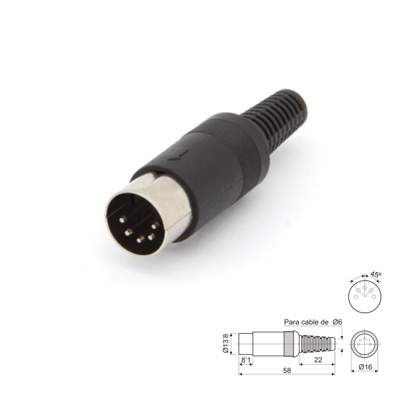 CONECTOR DIN 5P MACHO 45º (180º) AÉREO RECTO